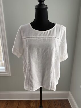 DL1961 White Crochet-Trim Linen Blend Short-Sleeve Top